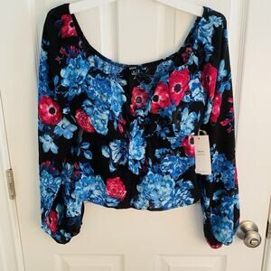 Blashe Crop Top Medium Floral Multicolor Puff Sleeve Cottagecore Coquette Tie
